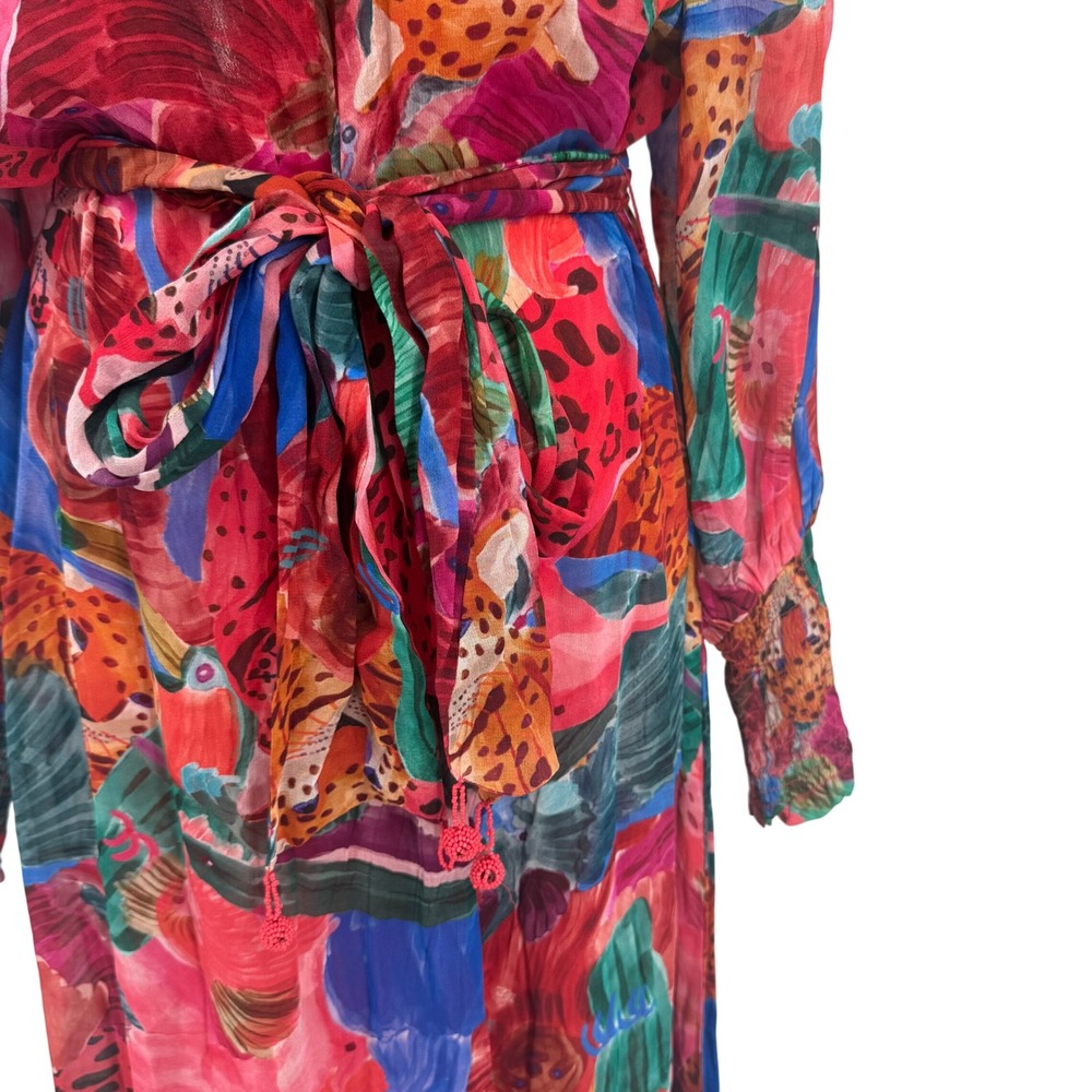 Farm Rio Mixed Print Maxi Dress Animal Collage Tie Waist Ruffle Long Sleeve XS‎ - Picture 6 of 14